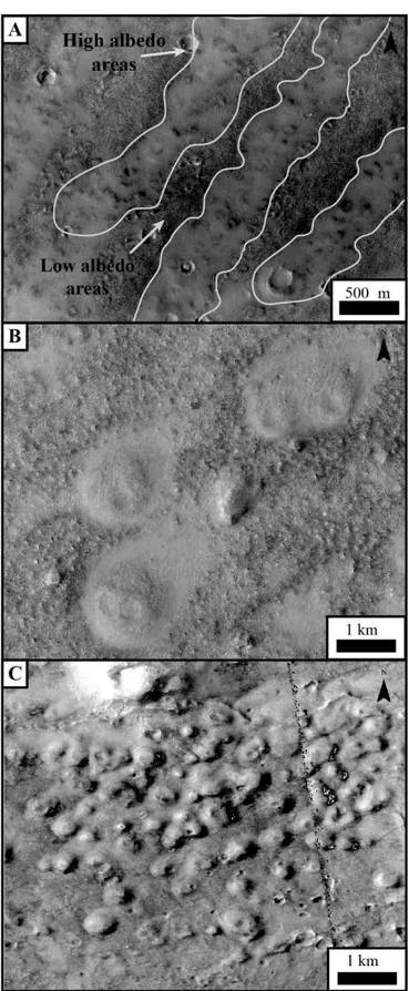 Figure 4. Morphology of thumbprint terrain at high resolution. A) High albedo areas include mounds and  69 