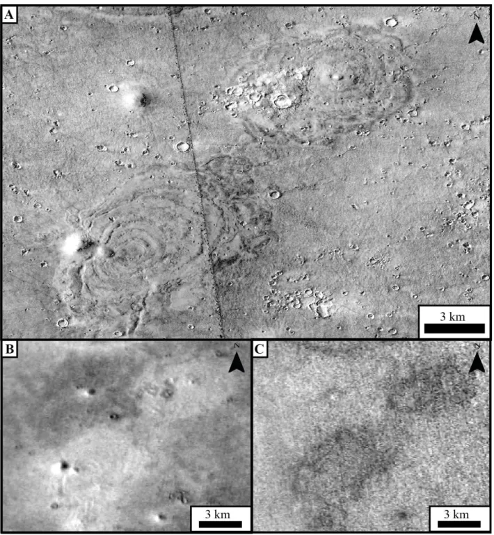 Figure 10. Large domes several kilometres across underlying thumbprint terrain unit in visible CTX-scale  154 