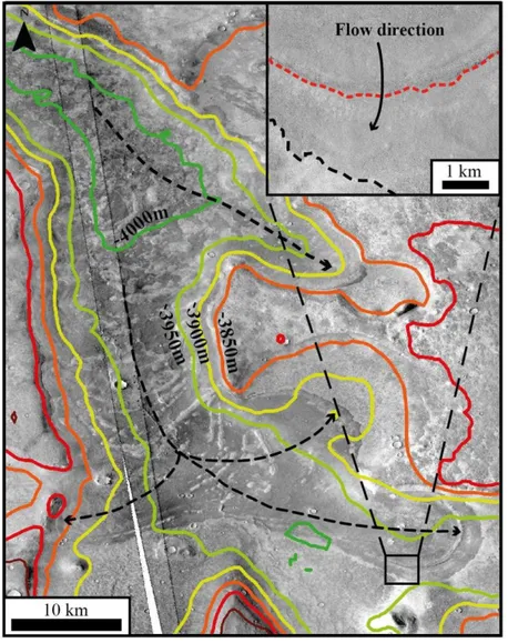 Figure  11.  Lobes  flow  direction  inferred  from  mounds  alignments  as  marked  by  dashed  black  arrows