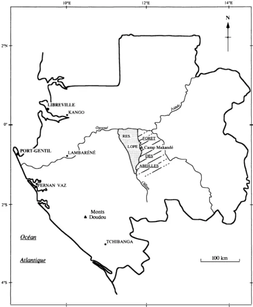 Figure 1 .   - Map of Gabon showing the areas  where specimens of  C.  o.  crusalbum  were collected  and where live animais are observed (see text)