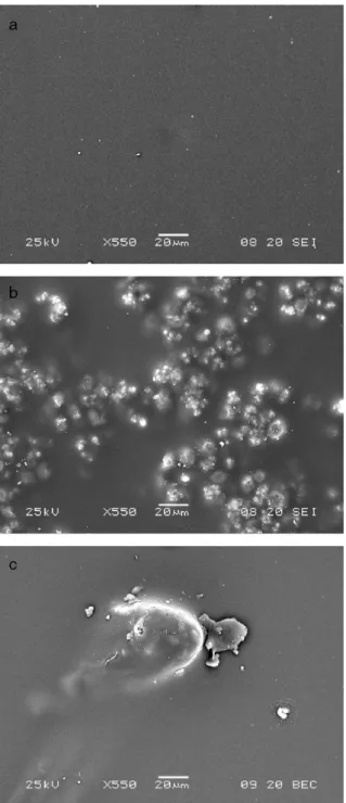 Fig. 1. SEM micrographs (× 550) of surfaces of the sol – gel films formed a) without