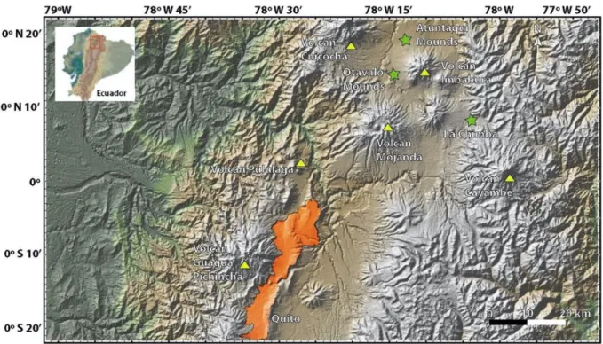 Fig. 1. Location of the archaeological sites of the Atuntaqui mounds,  Otavalo mounds and La Chimba, situated in Northern Ecuador