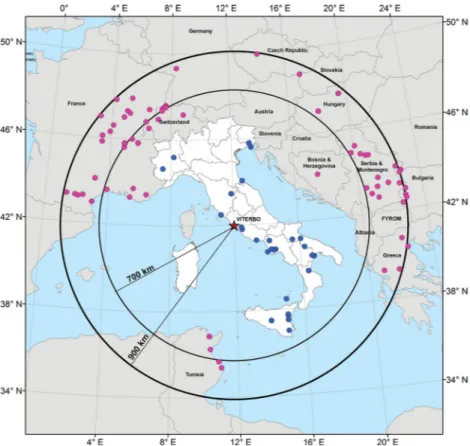 Figure 7. Geographical distribution of the archaeointensity data from Italy and nearby countries included in 700- and 900-km radius circles centred at Viterbo.