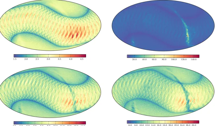 Fig. 19. HealPixMap in equatorial coordinates of the mean error in: top left: G; top right: G BP ; lower left: G RP ; lower right: G RVS 