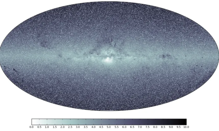 Fig. 1. Skymap of total integrated flux over the Milky Way, in the G band. The colour bar represents a relative scale, from maximum flux in white to minimum flux in black