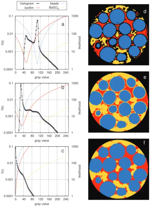 Fig. A2. Segmentation and postprocessing results: likelihood of each class for a given gray value according to the class statistics in (a) the below-edge image, (b) the gradient image, (c) the diﬀerence image; (d) 2D slice of merged label image that serves