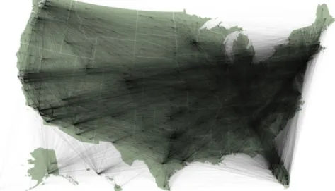 Fig. 7.6 20,000 county-county US migration vectors (3% random sample) between 2012 and 2016, rendered with transparency and anti-aliasing to show ‘occlusion density’