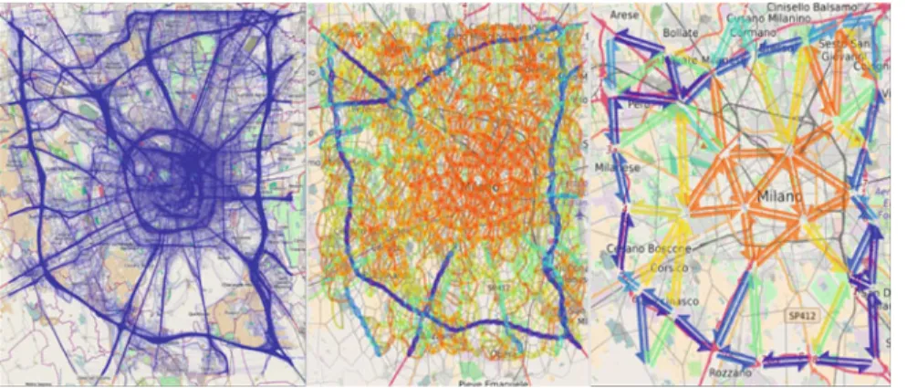 Fig. 7.8 Aggregating flows into data-driven Voronoi polygons. Left: Car journey trajectory data, using transparency to reduce clutter and occlusion