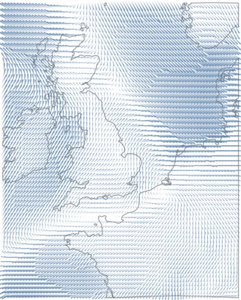 Fig. 7.13 A wind field map, in which arrows indicate wind direction (arrow orientation towards the thin end) and strength (arrow length) for grid squares