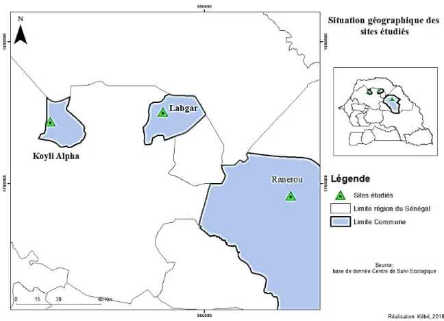 Figure 1 :  Localisation géographique des sites d’étude dans le Ferlo (Kébé, 2019)