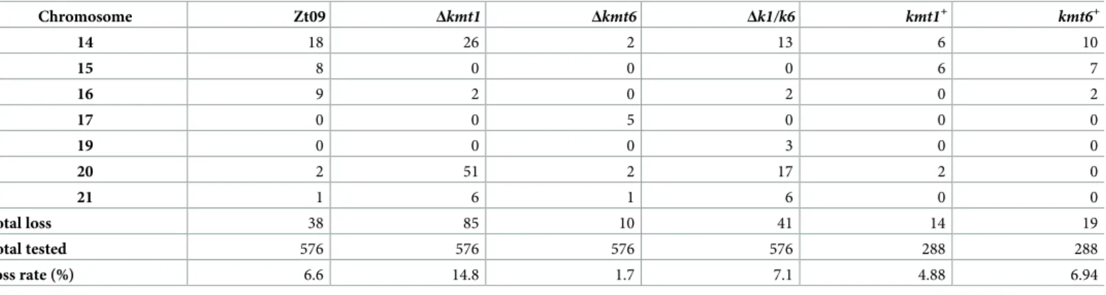 Table 2. Chromosome loss rates and frequency of individual accessory chromosome losses in the Zt09 1 reference strain and mutants during short-term evolution experiments
