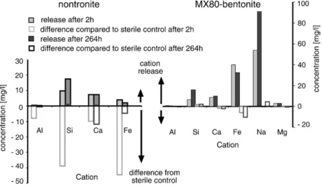 Fig. 3. Concentration of cations (in mg/l) in the solution derived from the bacteria-containing suspensions after 2 h (ﬁlled light grey columns) and 264 h (ﬁlled dark grey columns) for nontronite and MX80 bentonite
