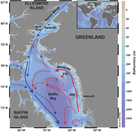 Fig. 1. Map of the Baffin Bay area and location of core AMD14-Kane2B, AMD14-210, AMD14-204 sampling sites (yellow spot)