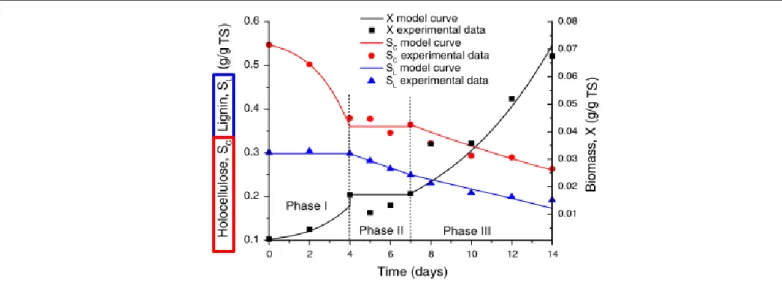 Figure 3-2. Experimental and predicted fungal biomass, holocellulose, lignin during 14 days  pretreatment of cotton stalks by Phanerochaete chrysosporium