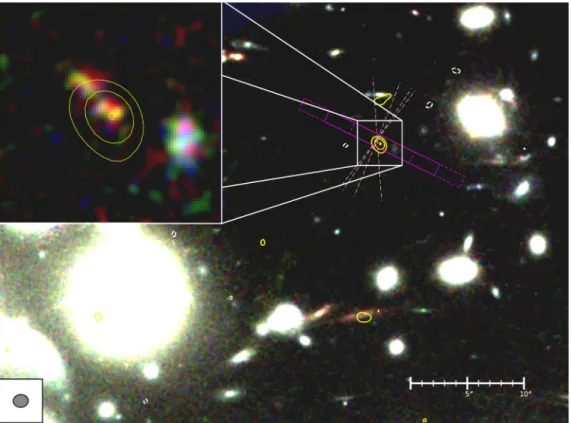 Figure 1 | The gravitationally lensing galaxy cluster Abell 1689. The  colour image is composed with Hubble filters: F105W (blue), F125W  (green), F160W (red)