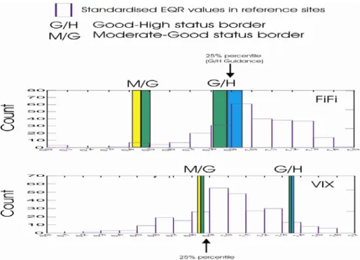 Fig. 4. Standardised EQR values for Fifi and VIX – indexes and the boundaries for good-high  and moderate- good status classes