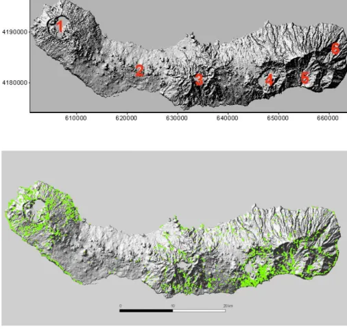 Fig. 3. Main morphological provinces on S. Miguel Island: (1) Sete Cidades Volcano, (2) Volcanic System of Picos Region, (3) Fogo Volcano, (4) Furnas Volcano, (5) Povoac¸˜ao Volcano and (6) Nordeste Volcanic Complex.