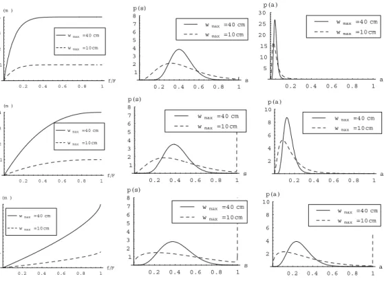 Fig. 6. Probability density functions of the relative saturation (second column) and of the satu- satu-rated areas (third column) of a river basin assuming w max equal to 40 cm and 10 cm, while the parameter b varies between 0.1, 0.4 and 1.5 in the top dow