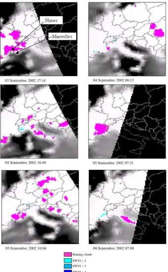 Figure 3 reports the maps of SW V I (x, y, t ) generated for several days in June 2000 over the ROI; in the figures  rain-ing clouds (in magenta) are also shown (wherever they are present), identified by a screening test proposed by Grody et al