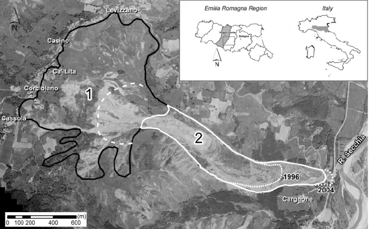Fig. 1. Geographical location of the study site and sketch of the two distinct phenomena that make up the Ca’ Lita landslide