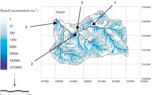 Fig 4. Volume de ruissellement estimé par STREAM-Ted pour le cas d’un évènement de type    80 mm de pluie en 5h30 (évènement du 16 Juin 1997)