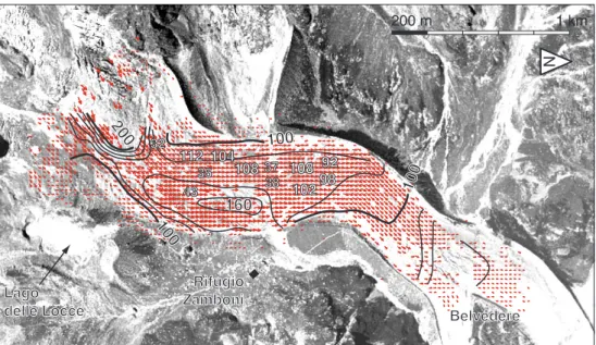 Fig. 13. Surface velocity field on Ghiacciaio del Belvedere, Italian Alps, between 6 September 2001 and 11 October 2001