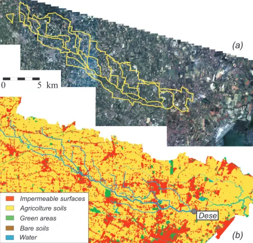 Fig. 2. (a) Remotely sensed image (IKONOS) of the Dese river basin (provided by Consorzio Venezia Nuova-Magistrato alle Acque di Venezia) and partition into subbasins; (b) Thematic map of land use of the catchment: classes of land use that are relevant to 