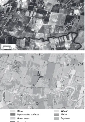 Fig. 3. Remote sensing tools: example of land-use classification of a small area in the test catchment between the outlet and the Venice Lagoon