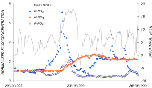 Fig. 5. Field measurements of discharges and flux concentrations of nitrates (N-NO 3 ), ammo- ammo-nia (N-NH 4 ) and phosphates (P-PO 4 ) at the gauging station for the event of October 1993 (after Carrer et al., 1997)