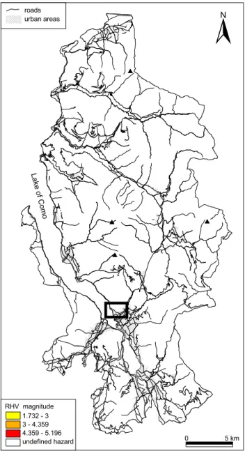 Fig. 5. Regional rockfall hazard map for the Lecco Province (570 km 2 ). The low resolution of the rockfall model allows for a preliminary recognition of hazard.