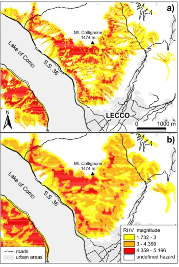 Fig. 6. Close-up of the regional scale Lecco Province model (20 m ground resolution): (a) raw hazard map obtained by the  appli-cation of the procedure, classified by the RH V magnitude; (b)