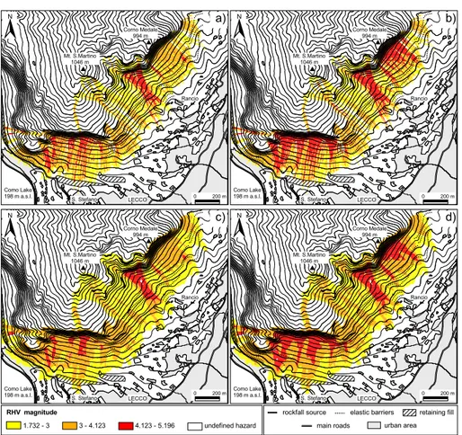 Fig. 7. Hazard maps obtained from the local-scale Mt. S. Martino-Coltignone model (at 5 m resolution)