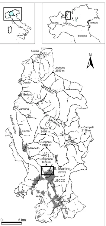 Fig. 3. Location map of the study areas in the Lombardy re- re-gion (northern Italy): the Lecco Province and the Mt