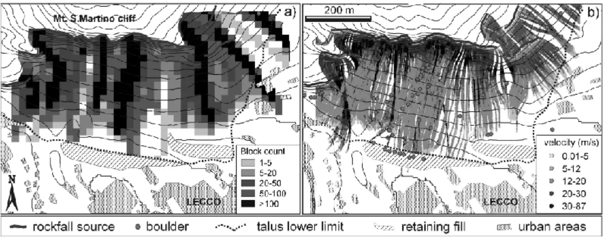 Fig. 4. Close up of the Mt. S. Martino cliff area (north of Lecco urban area). Model results obtained at different scale and data format are shown: (a) raster map of the rockfall count, obtained from the regional scale model of the Lecco Province (20 m gro