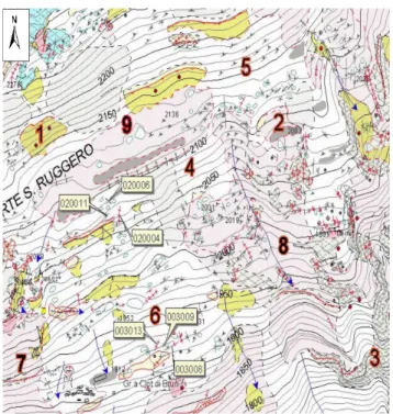 Fig. 3. Geomorphological Map (original scale 1:5000). Example of connection between local identification code (“ID loc”: 020006) and surveyed geographical entity dealing with geological and  geo-morphological elements: 1) talus sheet; 2) level; 3) fracture