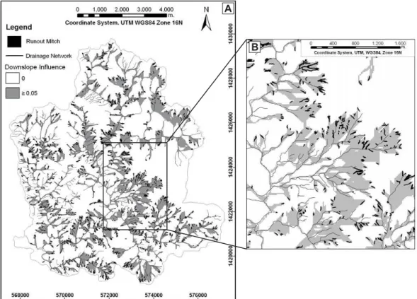 Fig. 9. (a) Map showing the downslope influence obtained from the terrain failures triggered by Hurricane Mitch in grey tones and the Hurricane Mitch runout areas in black