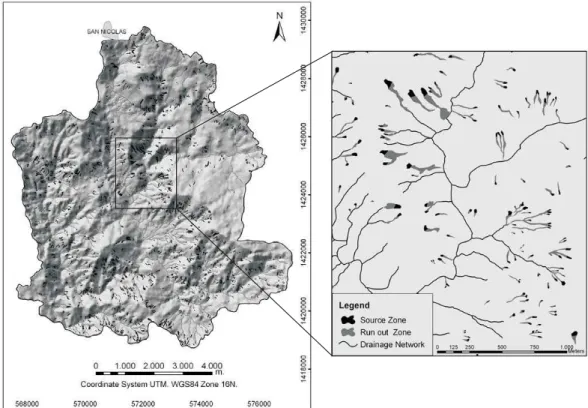 Fig. 2. Landslide map and an enlarged portion showing failure-zones (in dark grey) and the areas affected by the path or the deposition of mobilized material (in light grey).