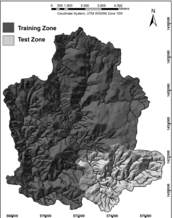 Fig. 3. Division of the study area into training zone (in dark grey) and test zone (in light grey).