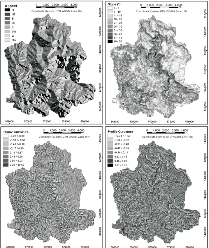 Fig. 4. Thematic maps obtained from the DEM. Each one shows a terrain factor defined by a given number of classes; (from left up to right down) Aspect, Slope, Planar Curvature and Profile Curvature.