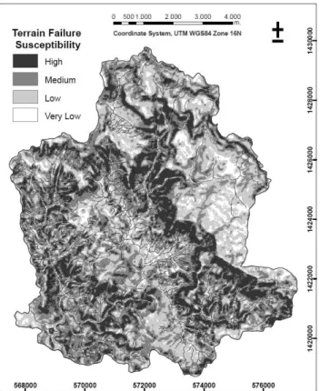 Fig. 8. Terrain failure susceptibility map obtained for the whole study area.
