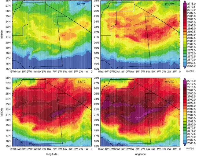 Figure 9. Africa-LAM low-level atmospheric thickness (LLAT) over the SHL region for (a) 9 UTC, (b) 12 UTC, (c) 15 UTC, and (d) 18 UTC