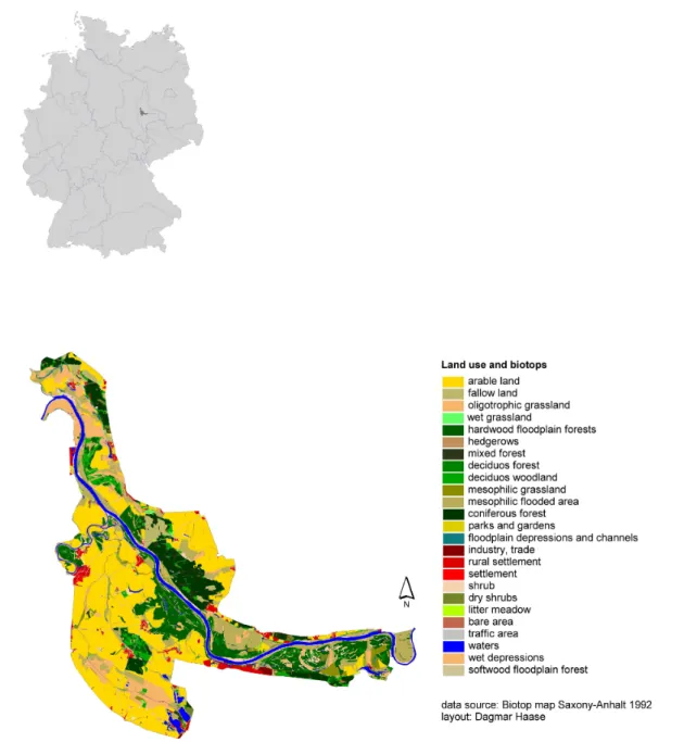 Figure 1: Land use types and biotops of the study area in the Elbe river basin. 