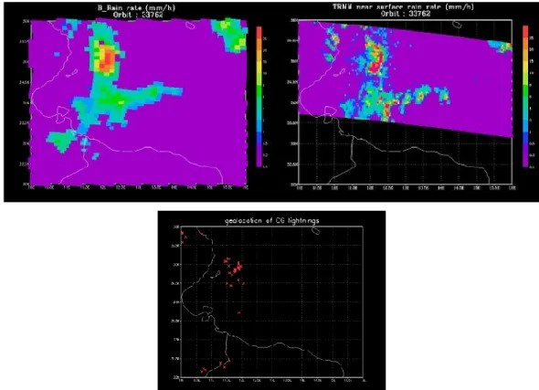 Fig. 2. (a) BRAIN rain rate (in mm/h) at 03:00 UTC 18 October 2003. (b) As in Fig. 2a, except for the PR rain rate