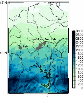 Figure 4: Comparison of simulated and measured monthly precipitation sums in 2004  for Kaburi, Kpasenkpe, Pwalugu, Babile, Zuarungu