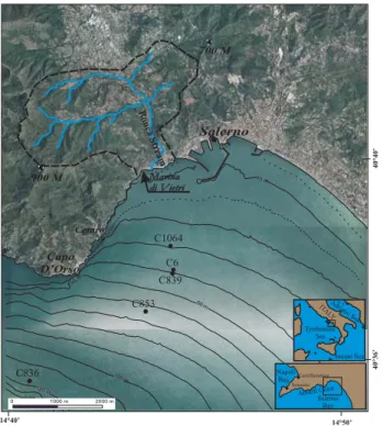Fig. 1. Topography of the Salerno Bay shelf and coast and location of gravity cores. Dashed line bounds the Bonea stream catchments.