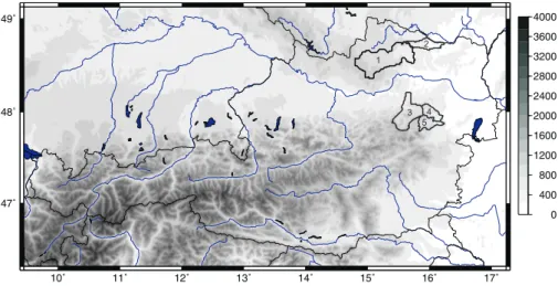 Fig. 1. INCA domain and topography (meter above mean sea level). Domain size is 600 × 350 km, horizontal resolution is 1 km