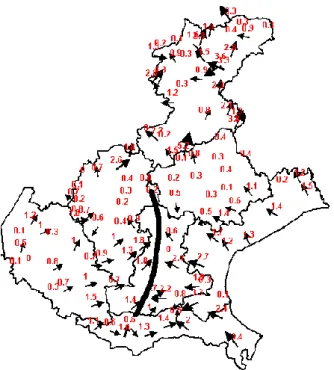 Fig. 6. Surface wind observations of the ARPAV automatic weather station network for 28 August 2003, 15:00 UTC