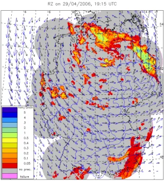 Fig. 1. Rain rate at 19:15 UTC based on the 5-min radar measure- measure-ment (RZ) with clutter filtering applied; black arrows show the wind field based on the OLC method, blue arrows show the displacement vector field derived from the observations.