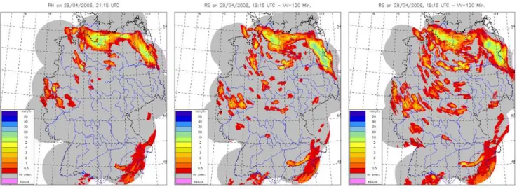 Fig. 2. Left: Hourly sum of precipitation (RH) between 20:15 and 21:15 UTC based on 5-min radar measurements with clutter filtering applied; Middle: Hourly forecasted sum of precipitation (RS) between 20:15 and 21:15 UTC based on the tracking of RZ measure