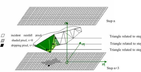Figure 1 : Rules of water flows between triangles and simulation of water transfers as  changes in the discretized grid